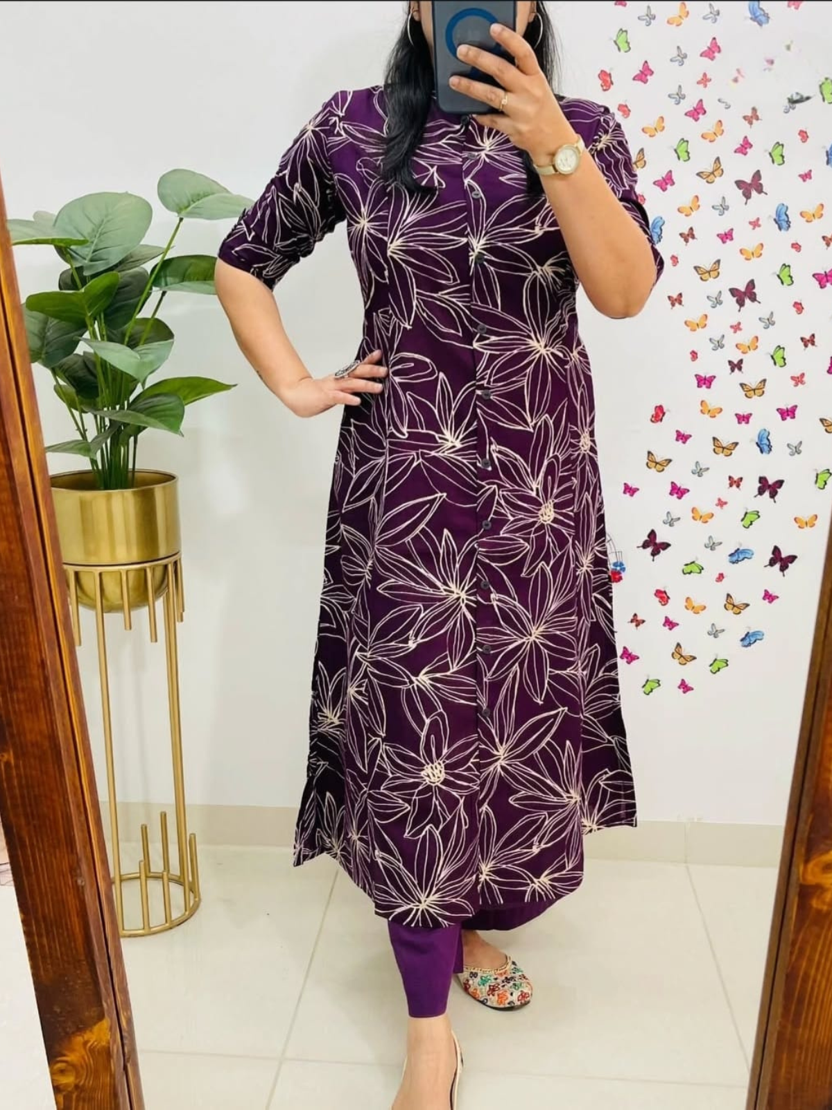 Purple Floral A-Line Kurti Pant Co-Ord Set in Poly Rayon Cotton