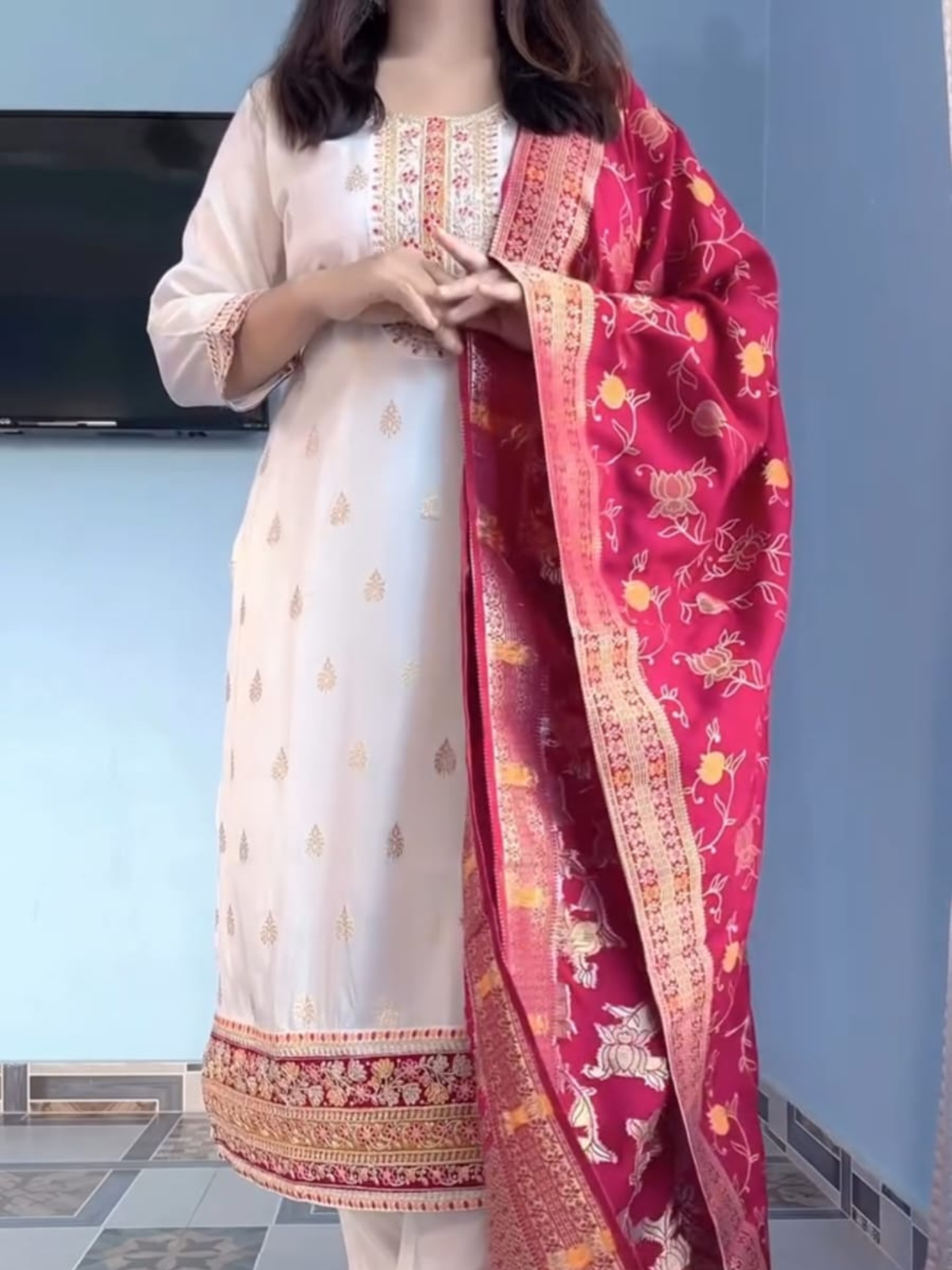 Pure Kanjivaram Silk Embroidered Kurta Set with Zari Dupatta (3-Piece Festive Suit)