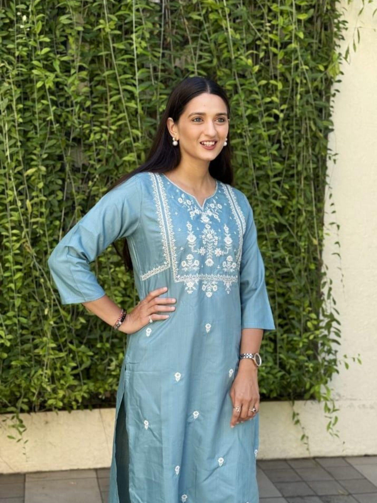 Sky Blue Poly Rayon Embroidered Kurti Pant Set for Women | Office, Casual & Festive Wear