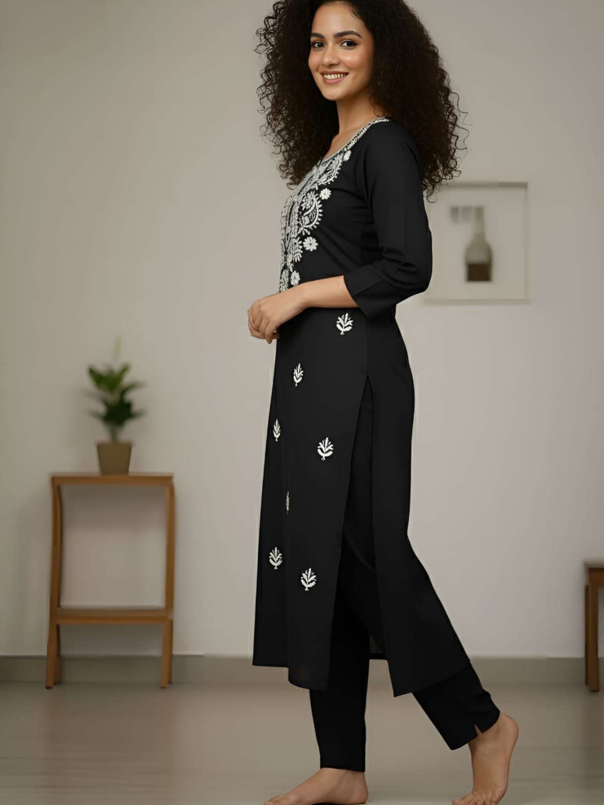 Black Tesla Slub Embroidered Kurti Pant Set for Women | Office, Casual & Festive Wear