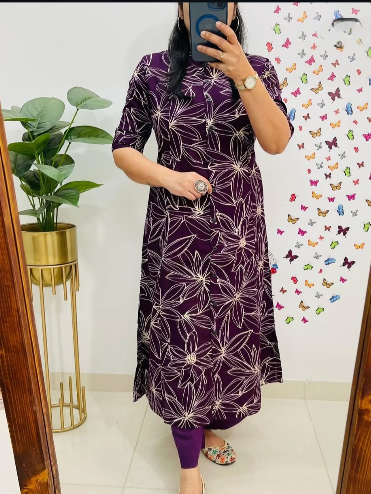 Purple Floral A-Line Kurti Pant Co-Ord Set in Poly Rayon Cotton