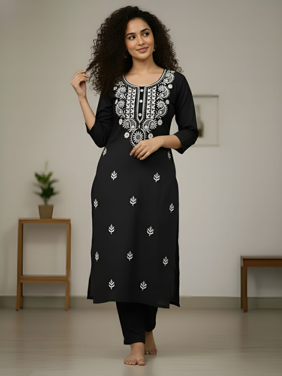 Black Tesla Slub Embroidered Kurti Pant Set for Women | Office, Casual & Festive Wear