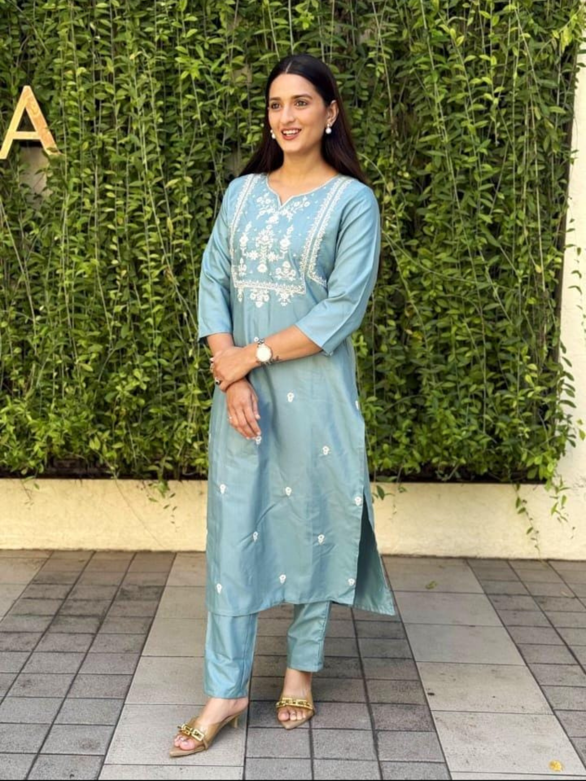 Sky Blue Poly Rayon Embroidered Kurti Pant Set for Women | Office, Casual & Festive Wear