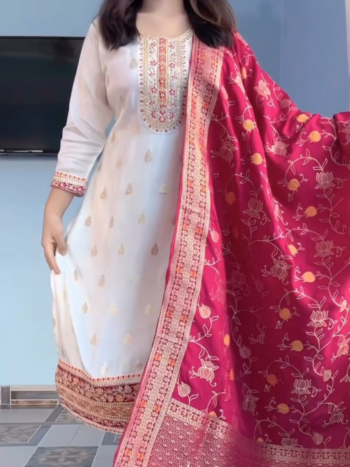 Pure Kanjivaram Silk Embroidered Kurta Set with Zari Dupatta (3-Piece Festive Suit)