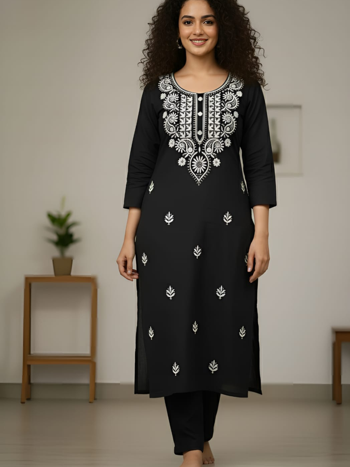 Black Tesla Slub Embroidered Kurti Pant Set for Women | Office, Casual & Festive Wear