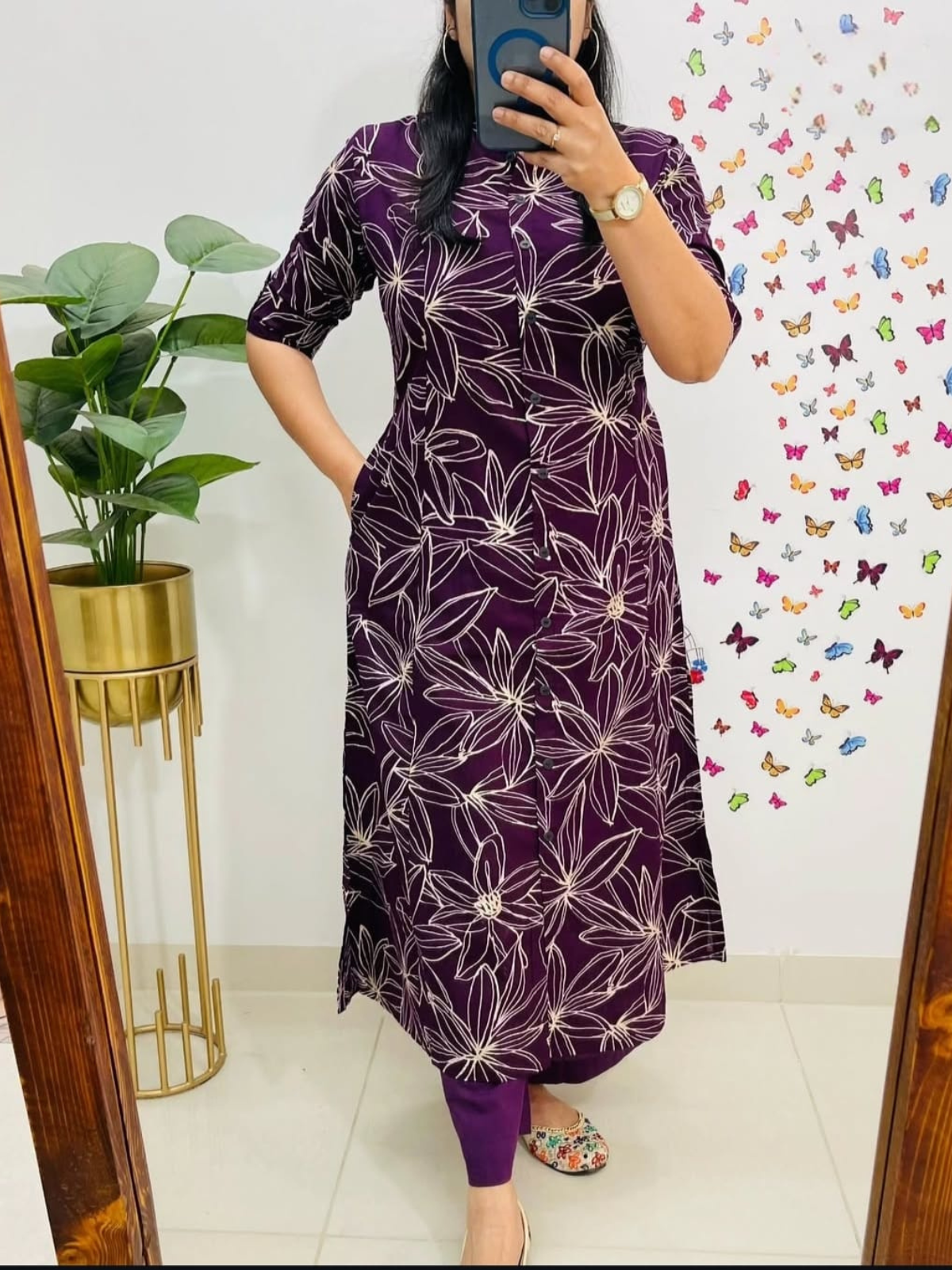 Purple Floral A-Line Kurti Pant Co-Ord Set in Poly Rayon Cotton