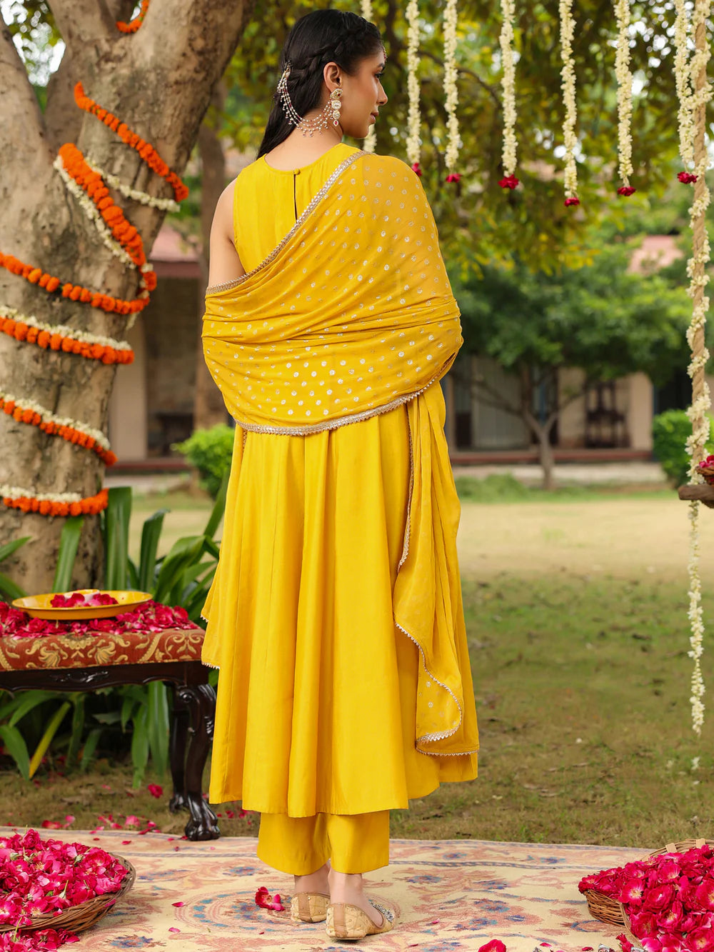 Janasya Women Yellow Chanderi Silk Embellished Anarkali Kurta Set With Dupatta